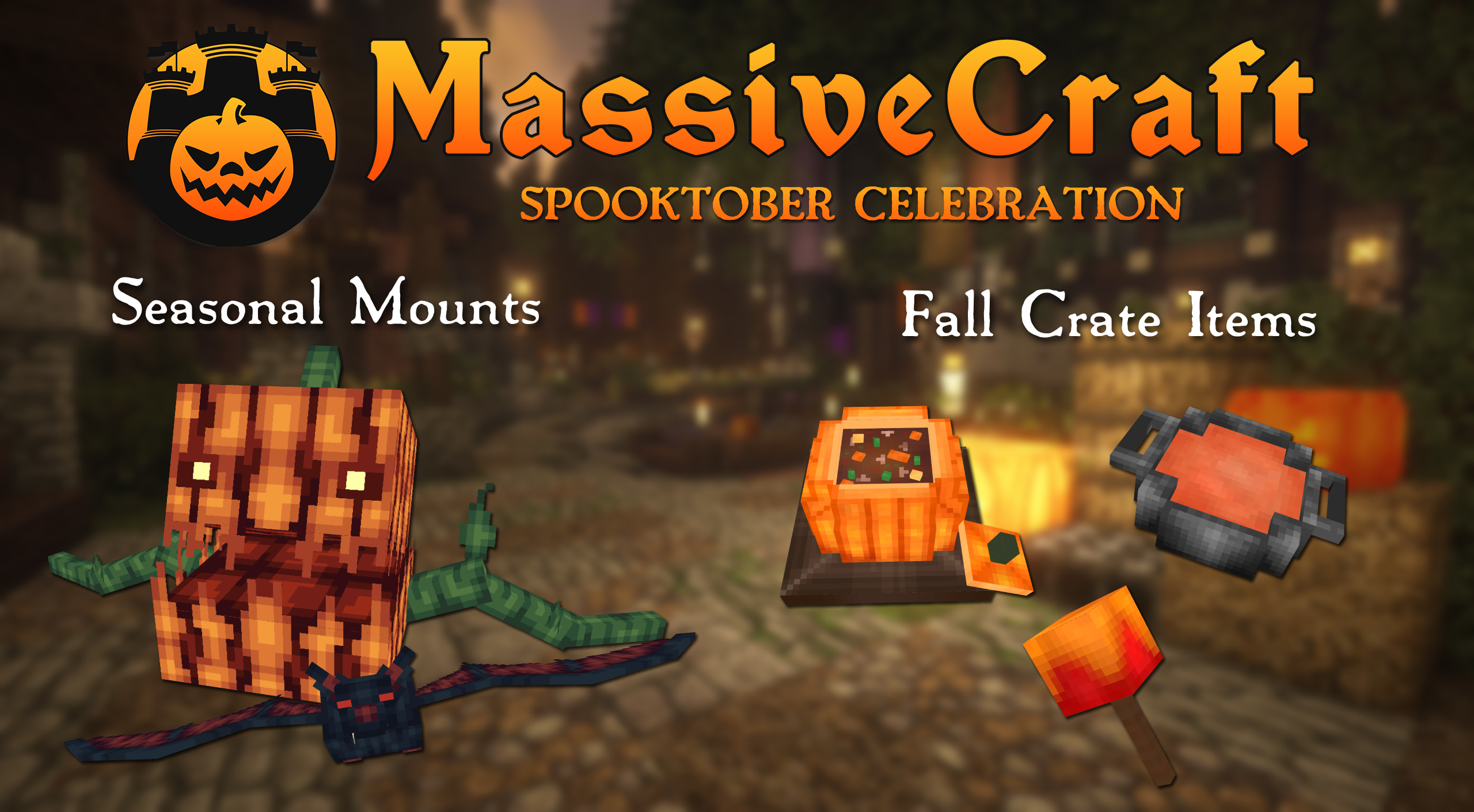 An image with a header that says MassiveCraft Spooktober Celebration. Below the header is a seasonal mounts and fall crate items subheader. Below the headers are a mutated pumpkin, a bat, pumpkin stew, a candied apple, and pumpkin meat medley.